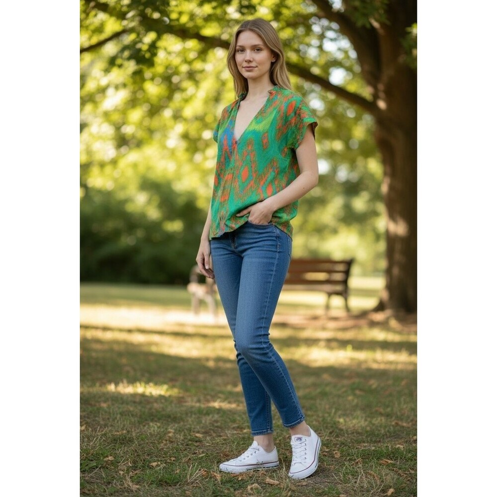 LA PLAGE 100% Cotton Abstract V-Neck Cap Sleeve Blouse Green Orange Blue M